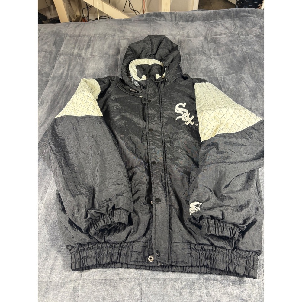 Vintage Chicago White Sox Starter Jacket Hooded Puffy Parka Black Mens Large MLB